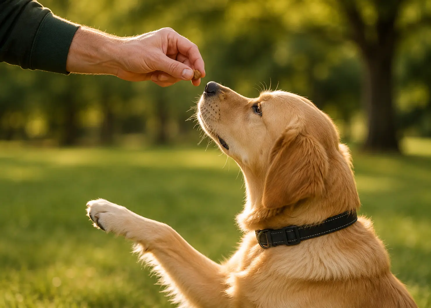 Rewarding a dog with a treat during a training session.